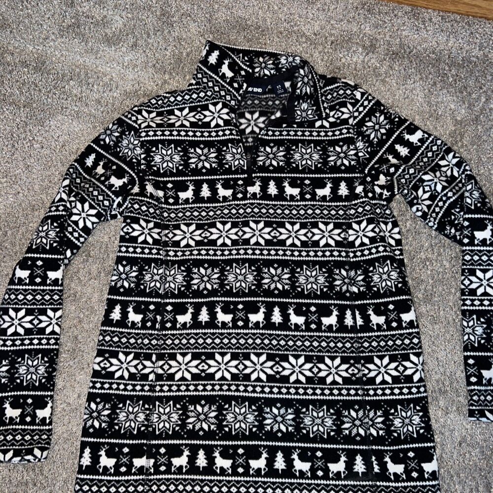 Christmas Lands End 1/4 Zip Fleece Snowflake Deer Fair Isle Sweater XS 2-4 Black